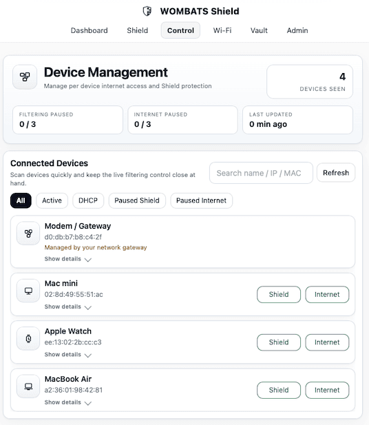 WOMBATS Shield device management and per-device access controls.