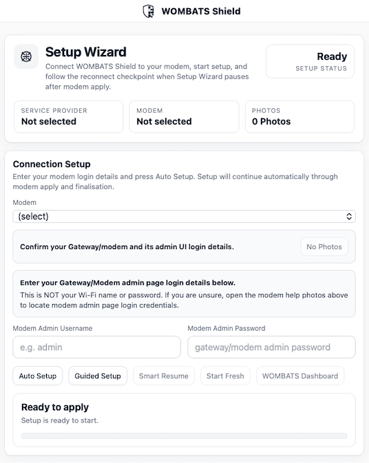 WOMBATS Shield setup wizard connection setup screen.