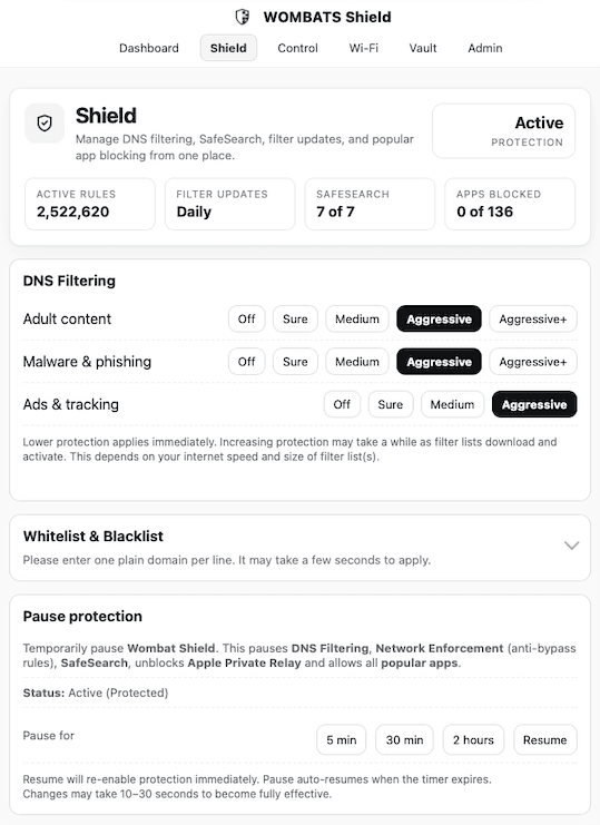 WOMBATS Shield SafeSearch protection settings.