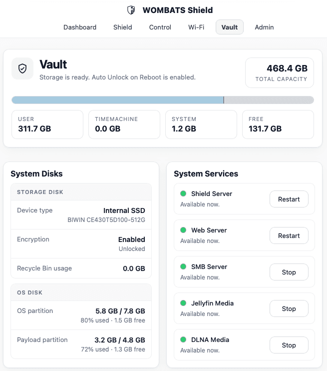 WOMBATS Shield Vault storage and system service settings.