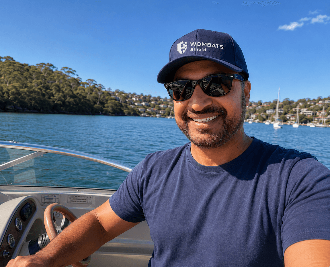Khalid on the harbour, in a navy WOMBATS Shield cap.