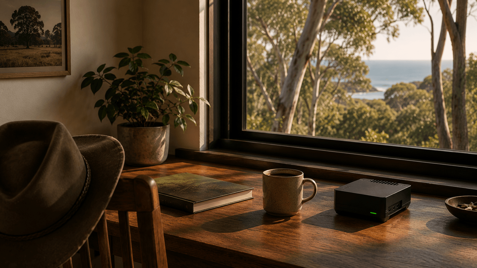A wood desk by a window looking onto an Australian backyard with eucalyptus trees, with the Shield device, a coffee mug and an Akubra-style hat in soft focus.