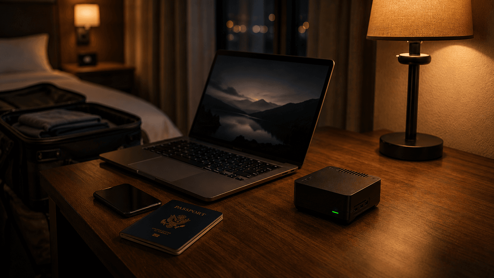 A hotel-room desk in the evening, Shield device plugged into Ethernet, an open laptop, a passport, and a partially packed soft carry-on bag in soft focus.