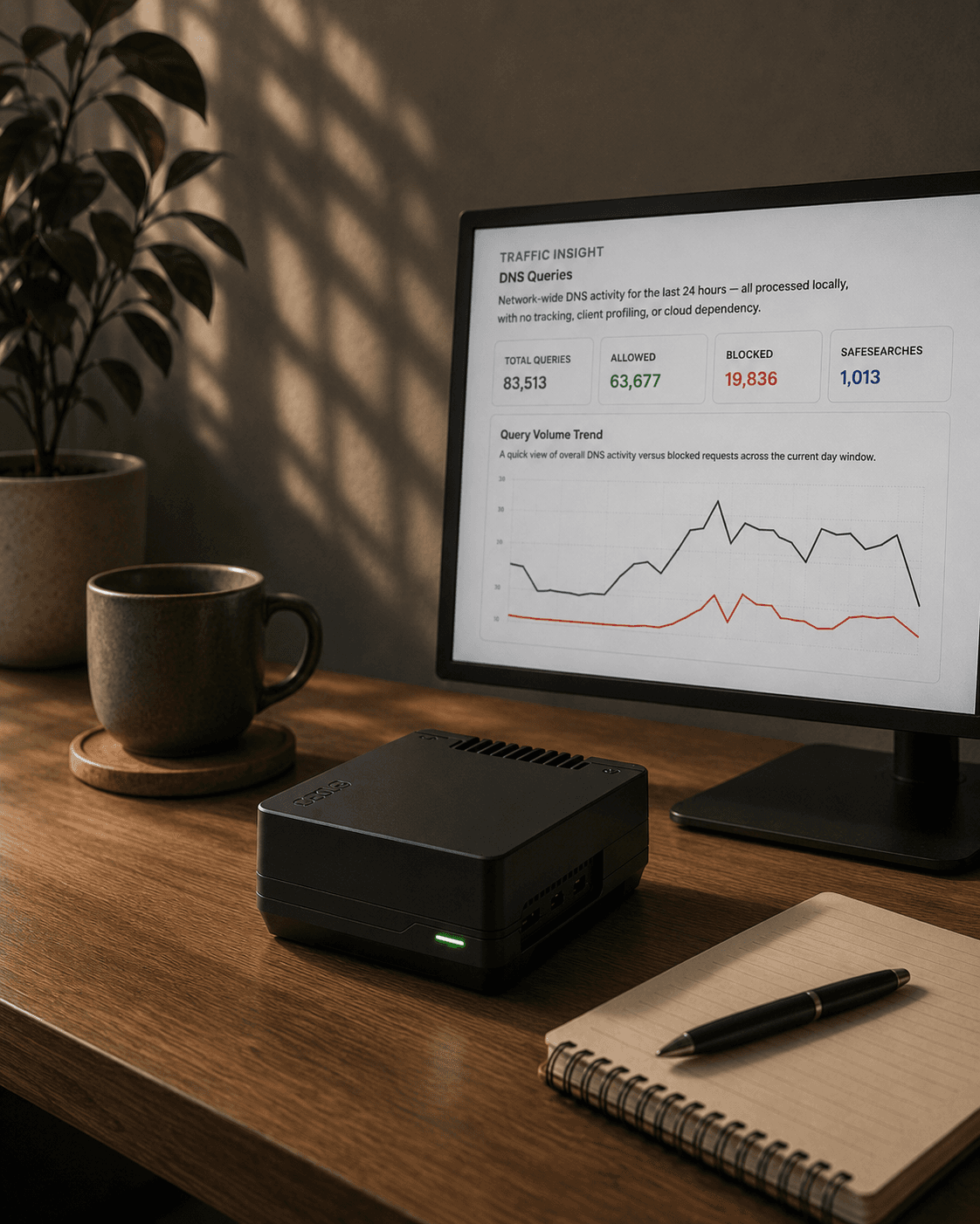 WOMBATS Shield on a wood desk with a plant, mug, monitor showing the dashboard, and a notebook, calm, warm, home-office light.