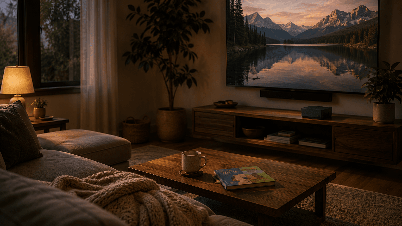 A calm family lounge room at dusk, sofa with a soft throw, a coffee table with a mug and books, the TV paused on a quiet landscape.