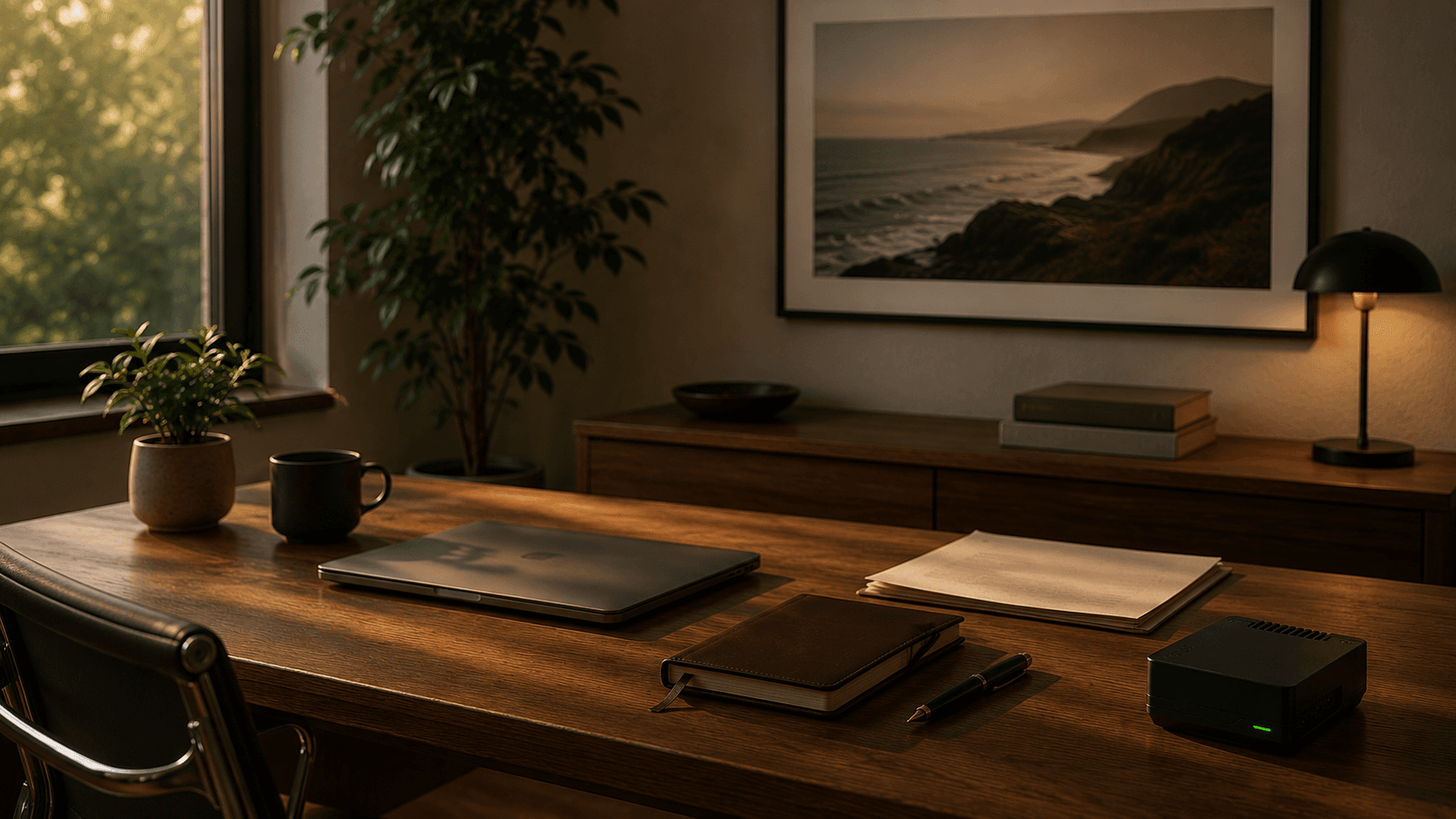 A tidy home office at late afternoon, a leather notebook, a fountain pen, an unmarked stack of papers, and the Shield device on the corner of a wood desk.