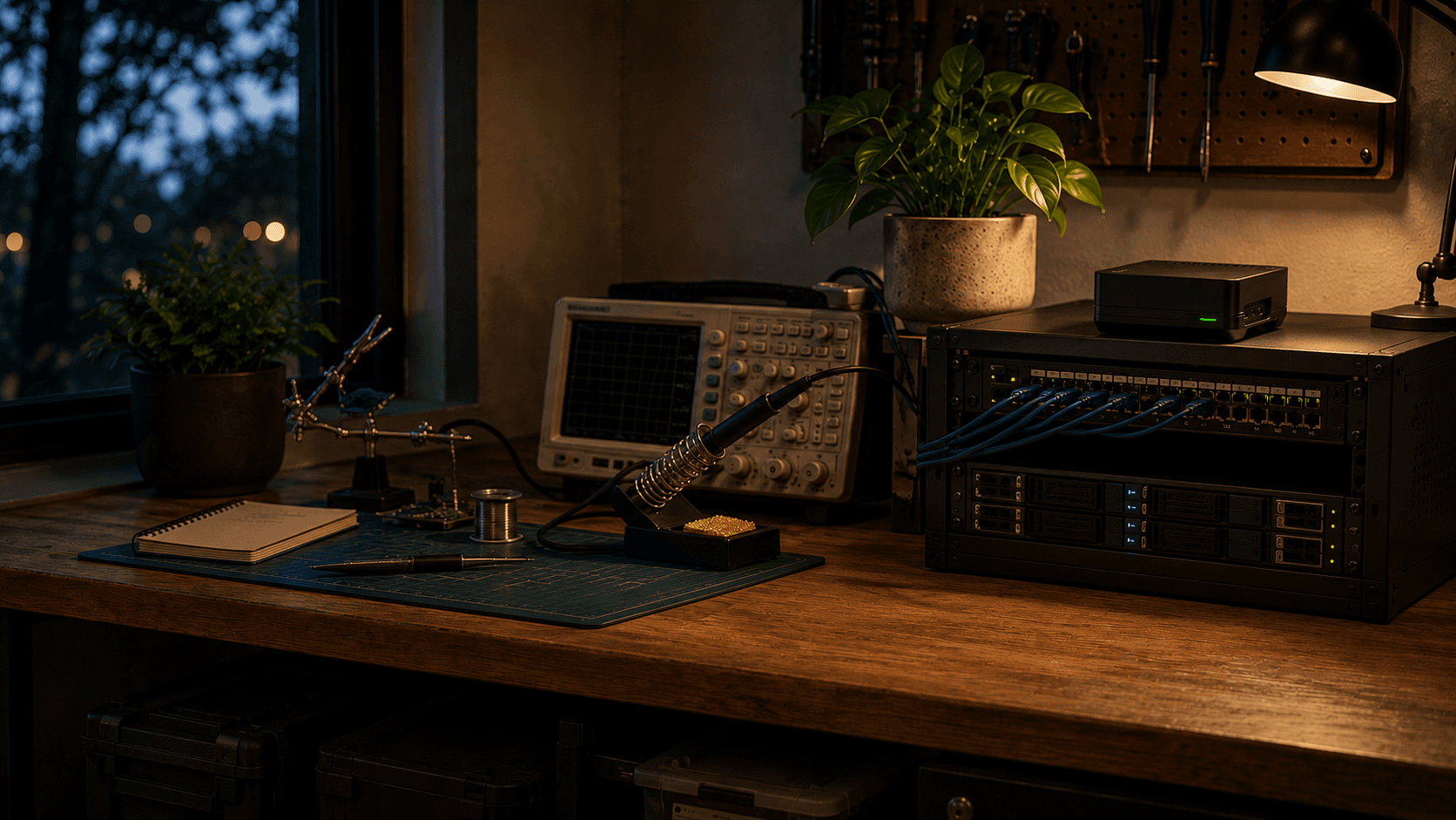 A calm home-lab corner, a wood workbench with a small server rack, a labelled patch panel, an oscilloscope, and the Shield device beside the rack.