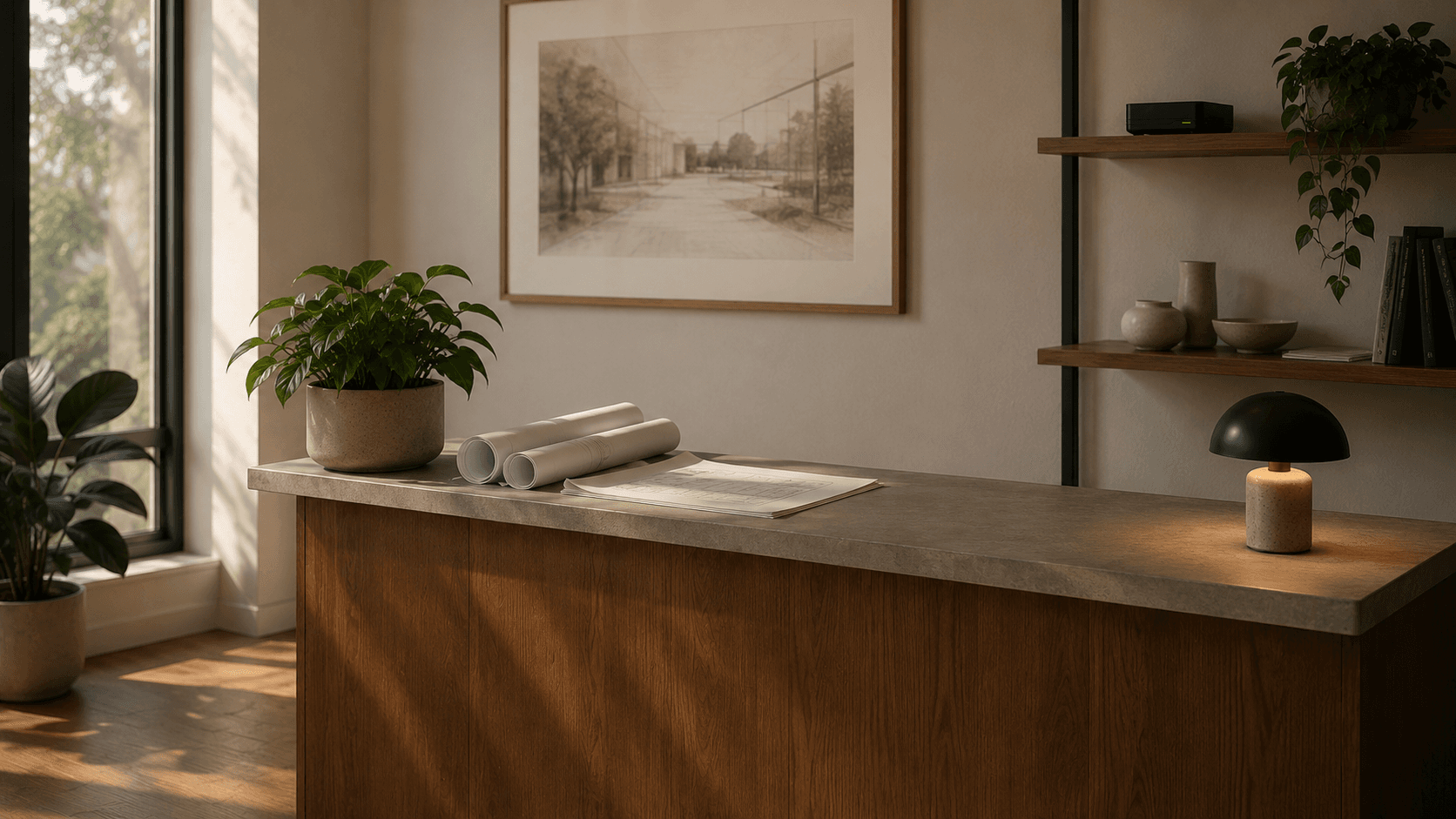 A small architect's reception area, wooden desk, planter, rolled drawings, and the Shield device on a wall shelf.